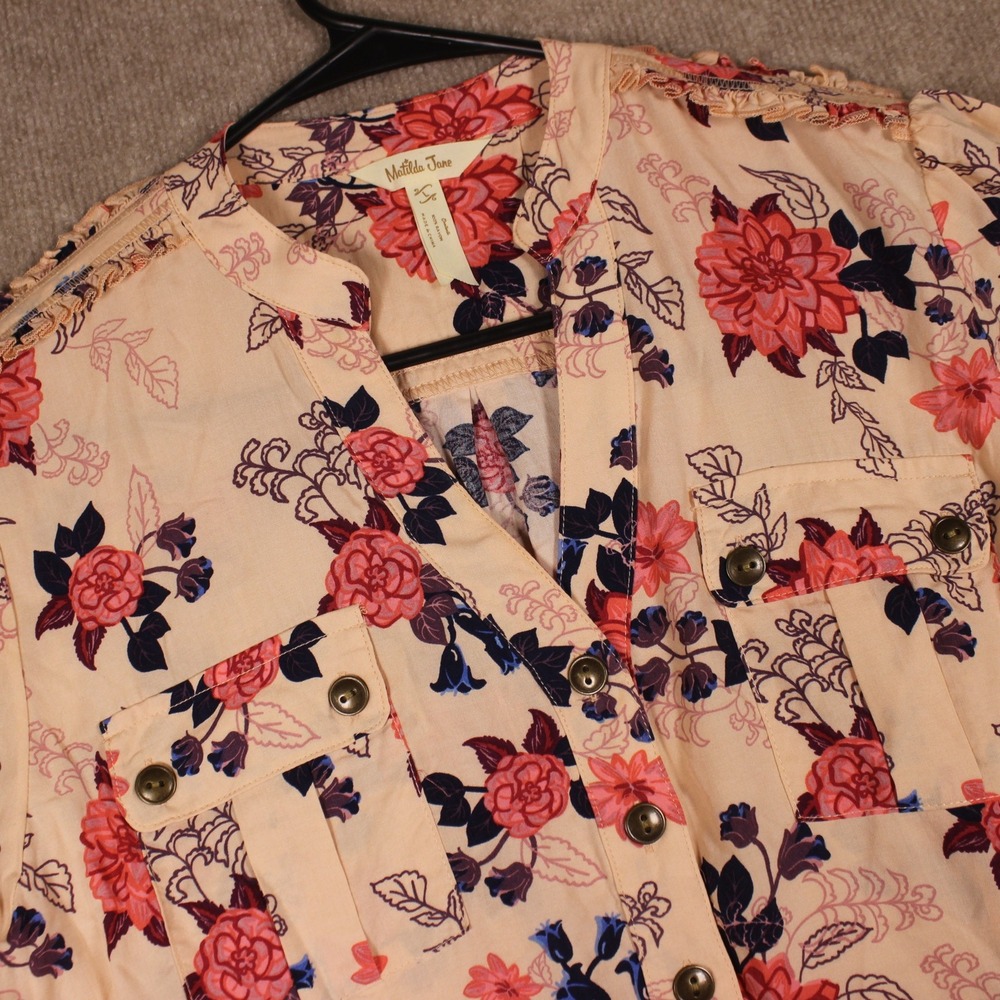 Matilda Jane Peach Floral Button Up Tunic Top Ruffle Pleated Sleeve Womens Large